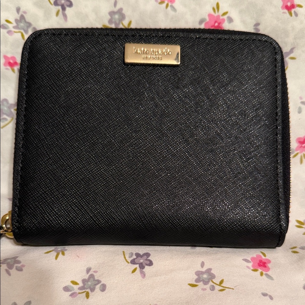 kate spade Black Zip Around Saffiano Leather Wallet with Gold Logo